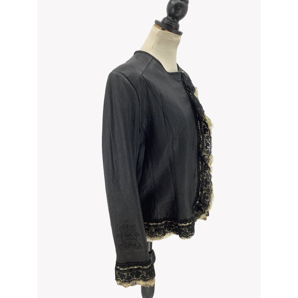Peter Nygard Womens Black Genuine Leather Jacket With Lace Trim Size 16 - Picture 3 of 10